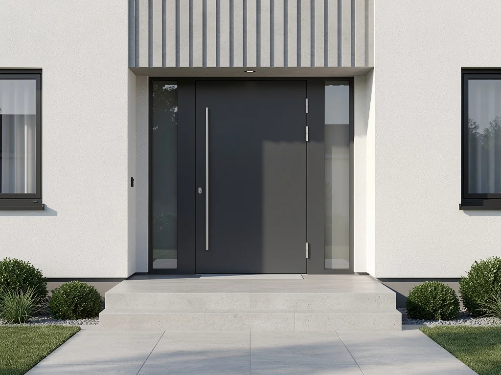 Porte d'entrée en aluminium anthracite posée sur une maison récente